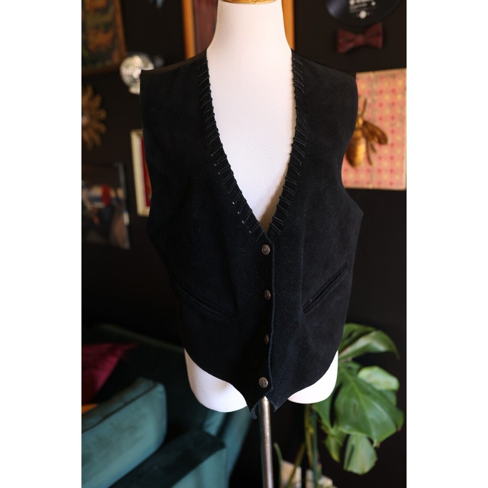 Vintage A.J. Black Leather Suede Vest w/Western Star Snaps whimsigoth Size L